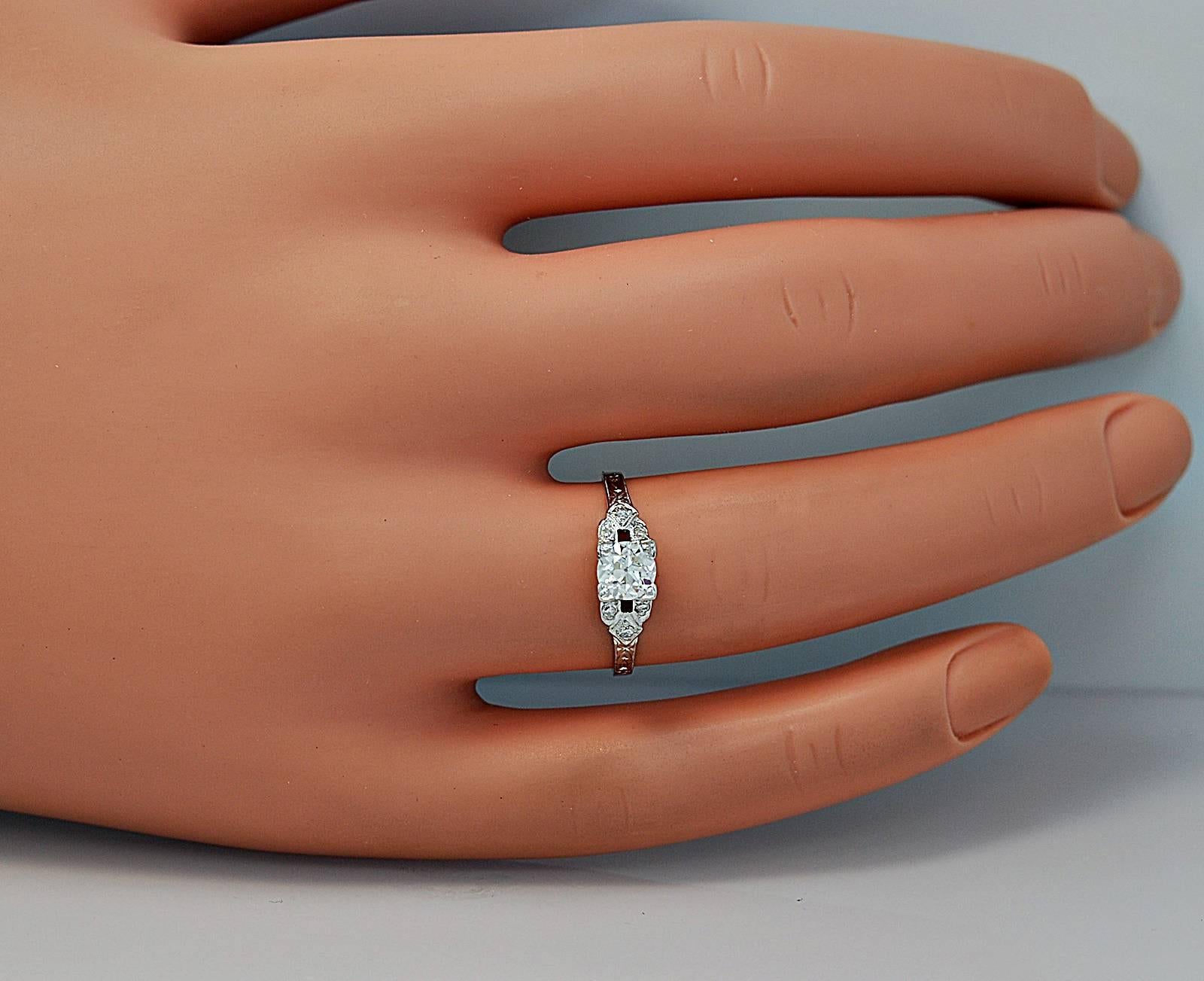Old European Cut Art Deco .52 Carat Diamond Platinum Engagement Ring For Sale