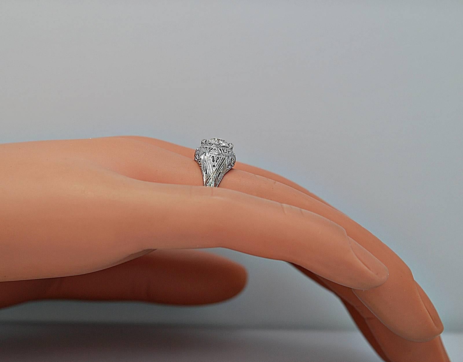 Old European Cut Art Deco .65 Carat Diamond Platinum Engagement Ring For Sale