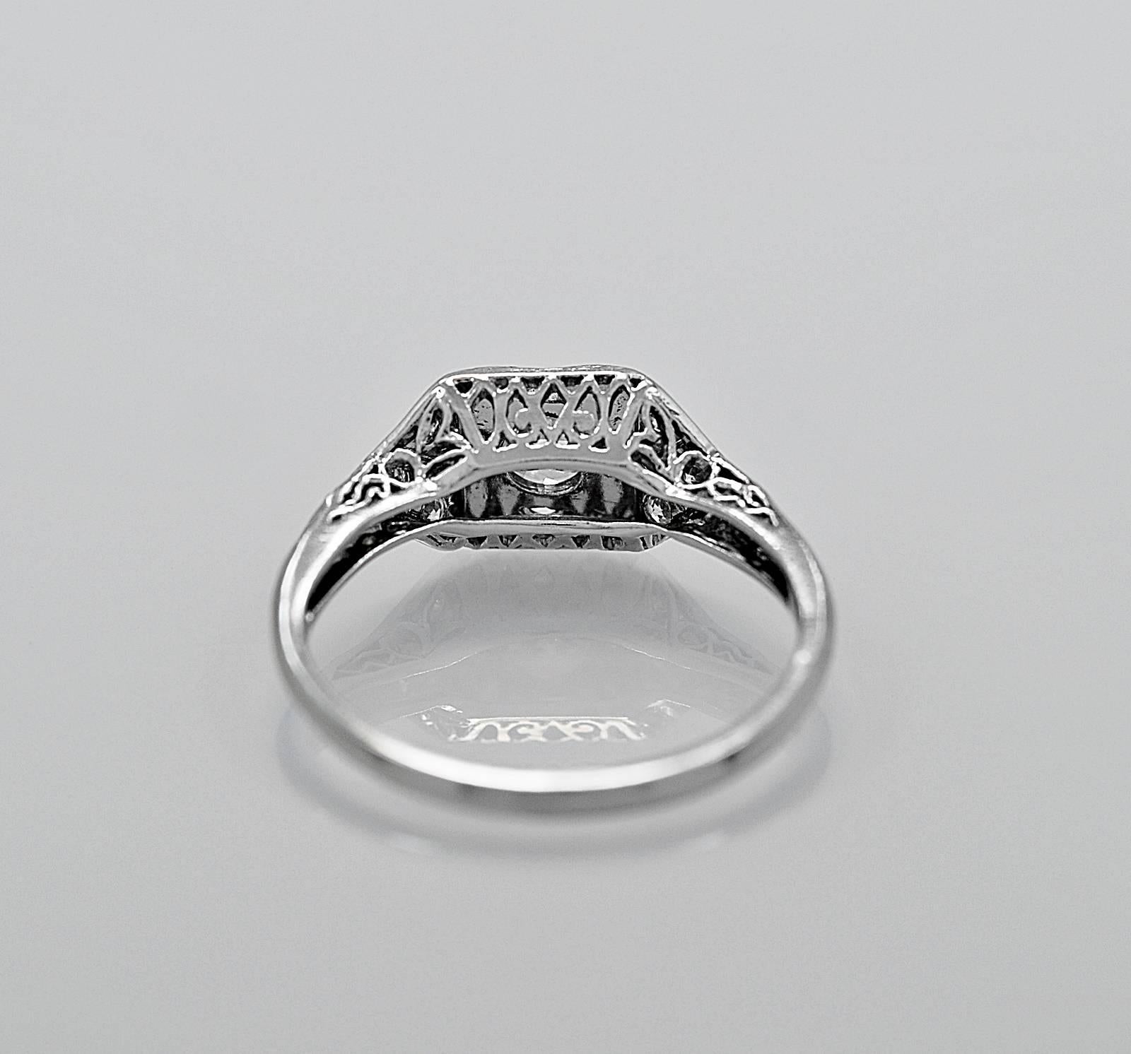 Art Deco .58 Carat Diamond Platinum Engagement Ring In Excellent Condition In Tampa, FL
