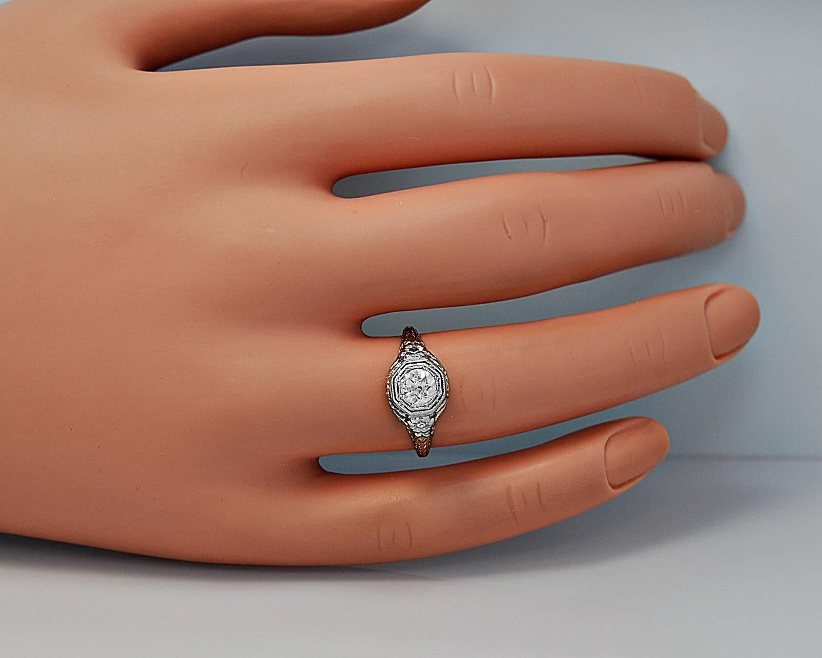 Women's Art Deco .51 Carat Diamond Gold Engagement Ring 