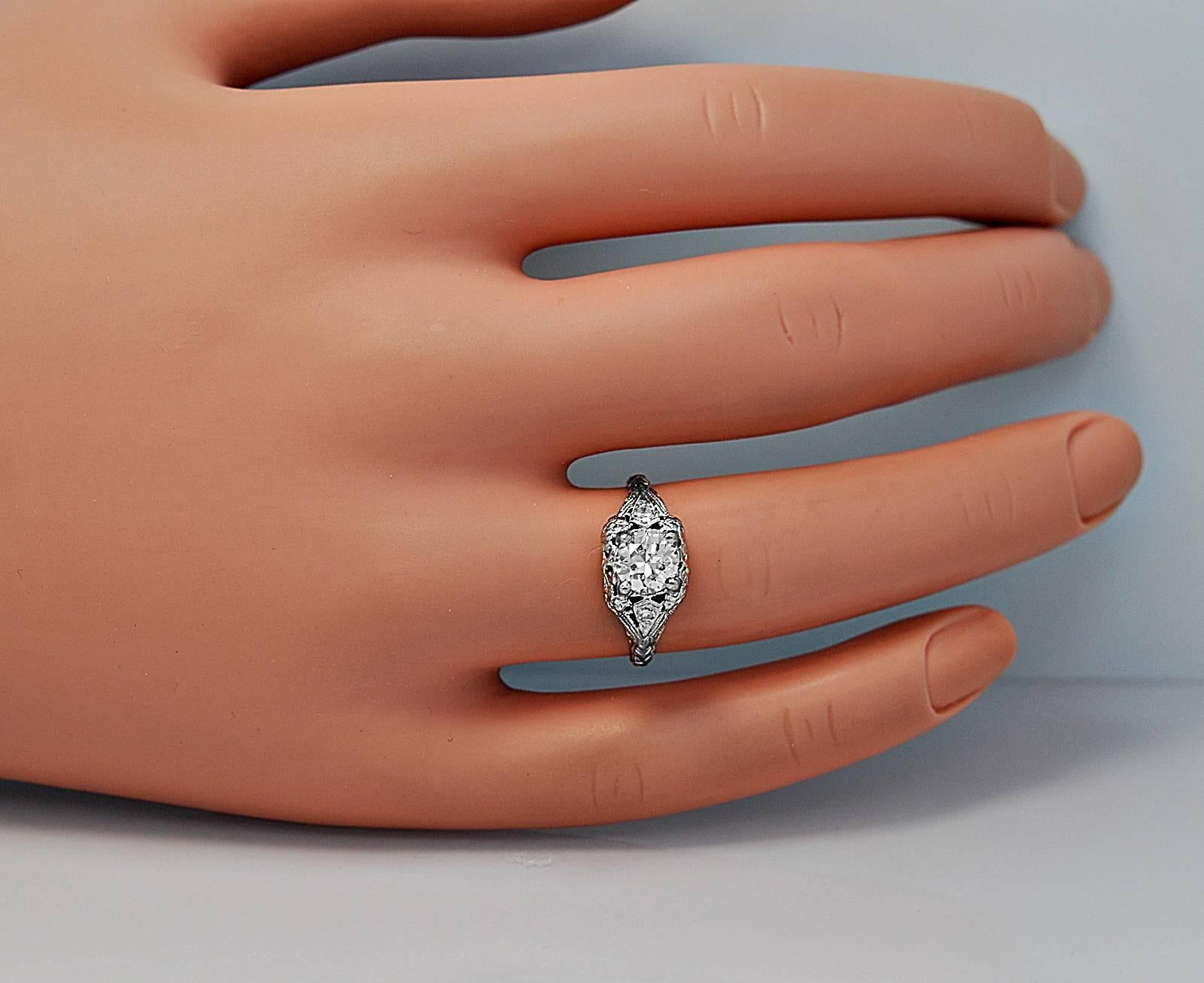 Women's or Men's Art Deco .84 Carat Diamond Platinum Engagement Ring