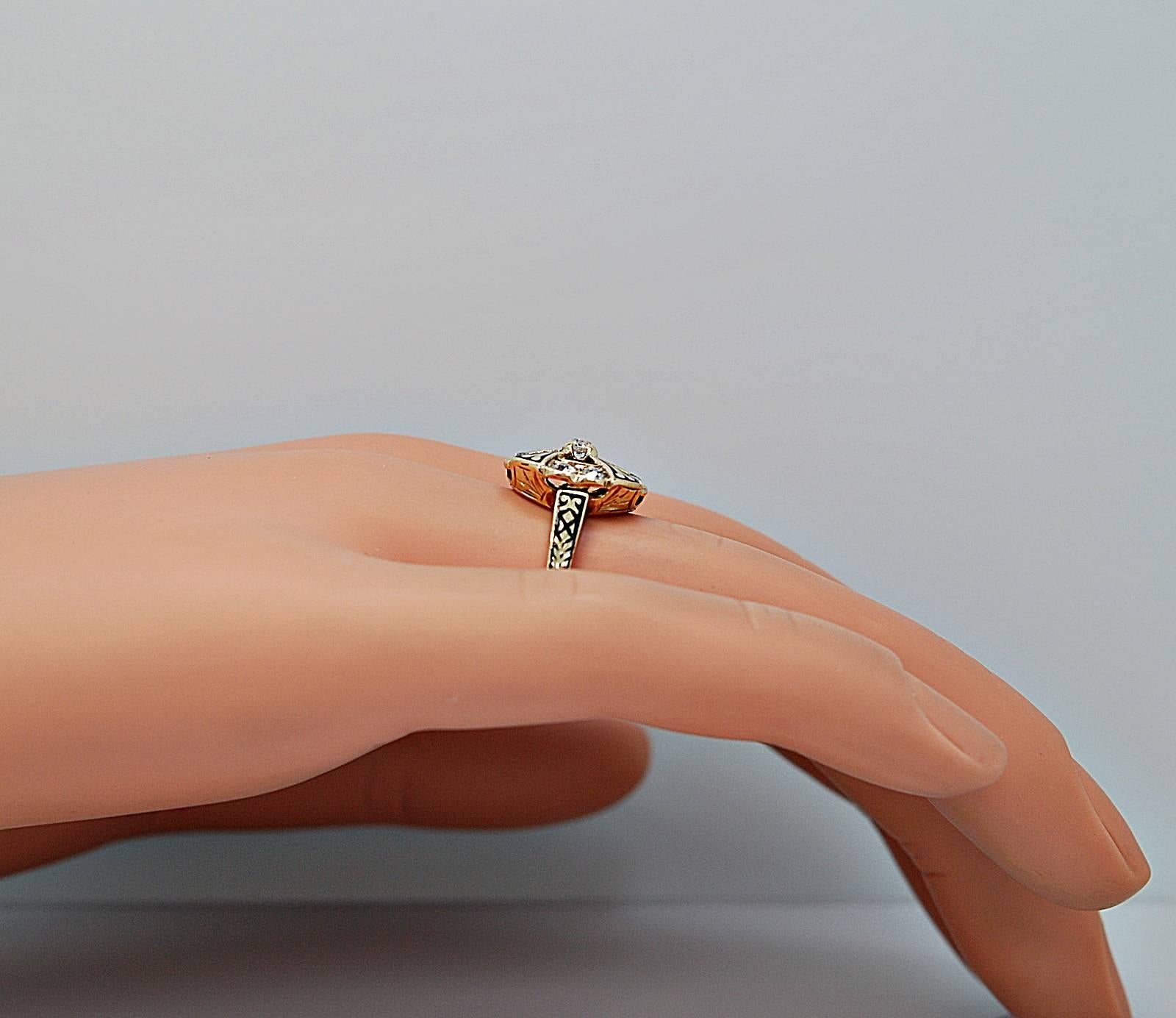 Women's Art Deco .60 Carats Enamel Diamonds Gold Engagement Ring
