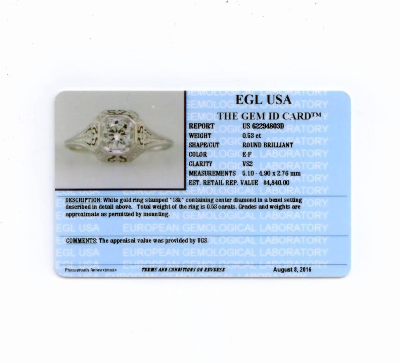 Art Deco .53 Carat Diamond Gold Engagement Ring For Sale 3