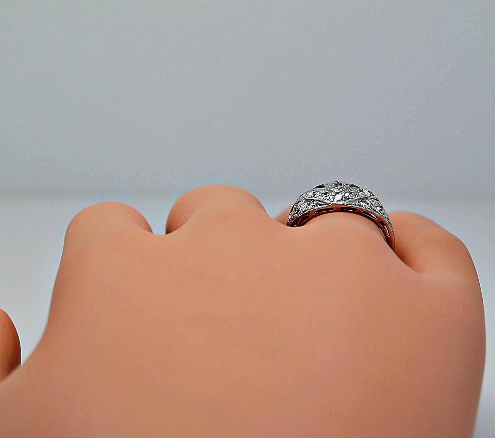 Art Deco .20 Carat Diamond Emerald Platinum Engagement Ring 1