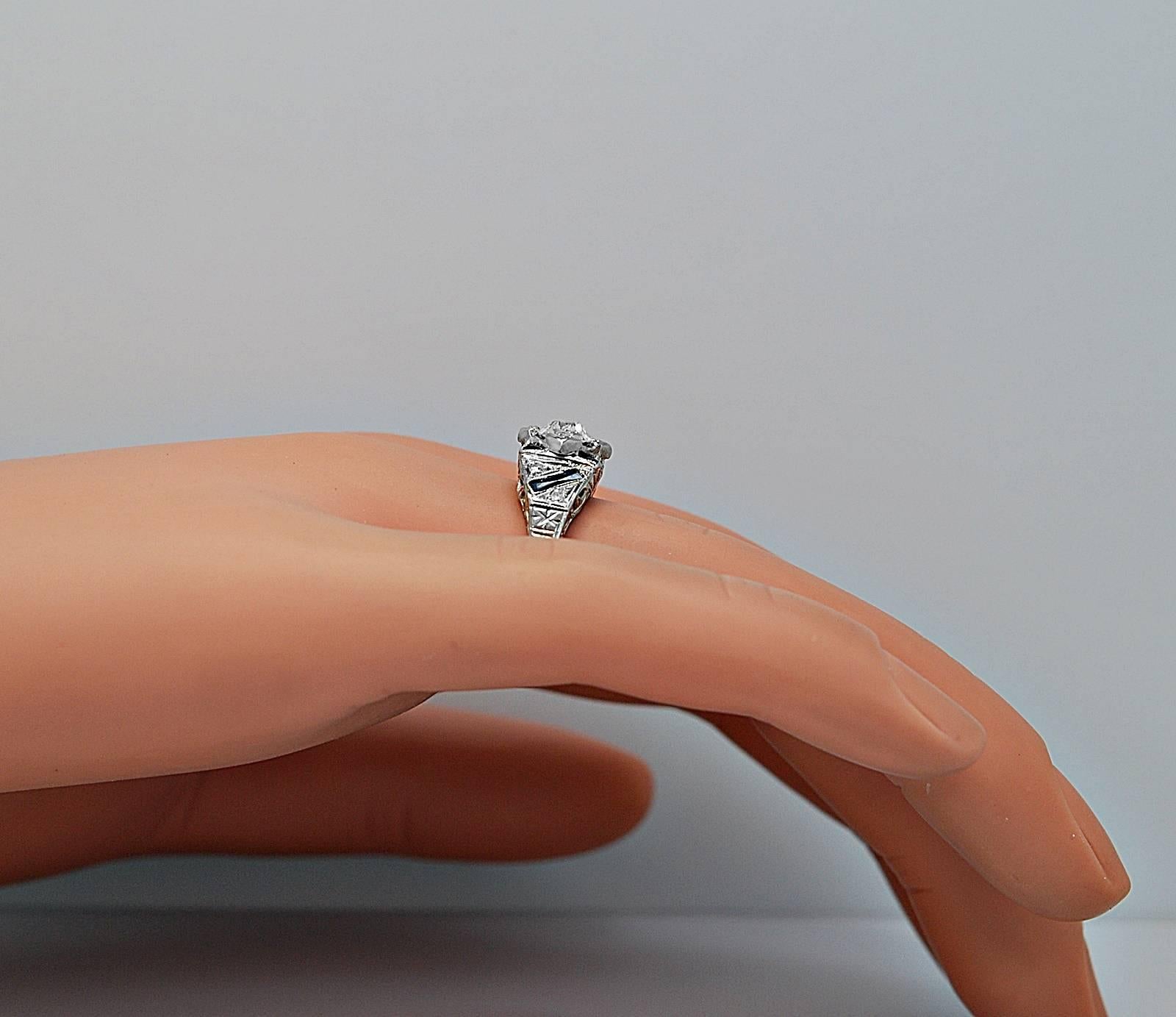 Art Deco .60 Carat Sapphire Diamond Gold Engagement Ring  1