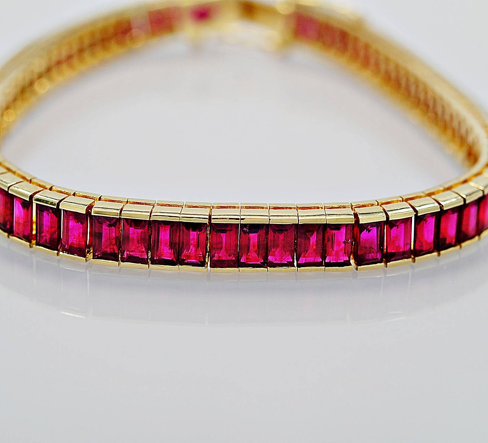 A magnificent straight line bracelet comprised of 20.00ct. apx. T.W. of perfectly matched Burma rubies. Incredibly rare and astounding, this bracelet would be impossible to duplicate in today's market. A must for someone wanting the best!