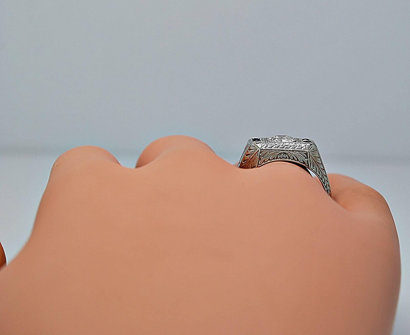 Art Deco .75 Carat Diamond Sapphire Gold Engagement Ring  2
