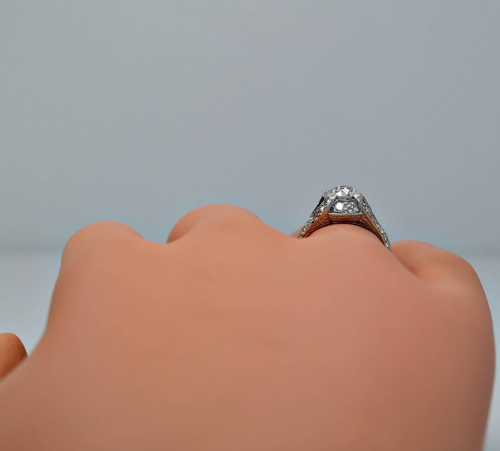 Art Deco 85 Carat Diamond Sapphire Platinum Engagement Ring 2