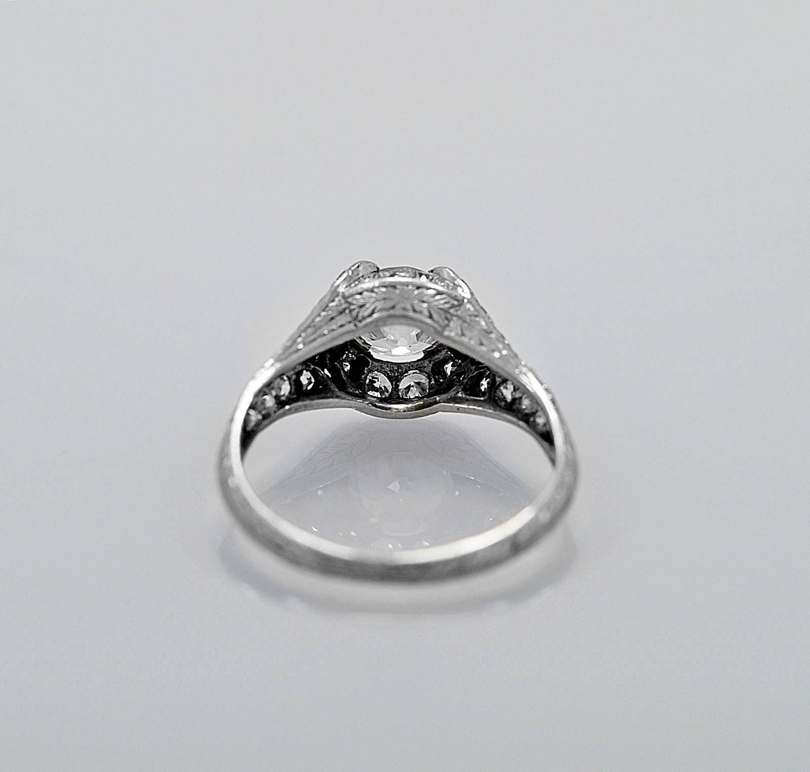 Art Deco 85 Carat Diamond Sapphire Platinum Engagement Ring In Excellent Condition In Tampa, FL