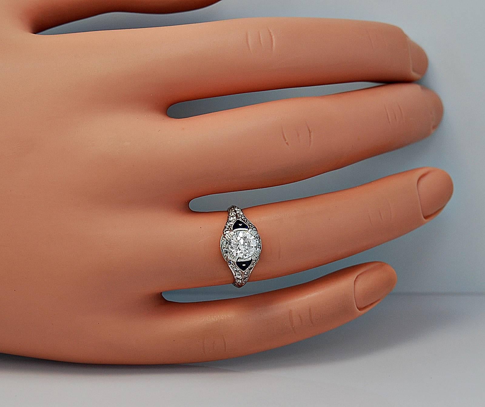 Women's Art Deco 85 Carat Diamond Sapphire Platinum Engagement Ring