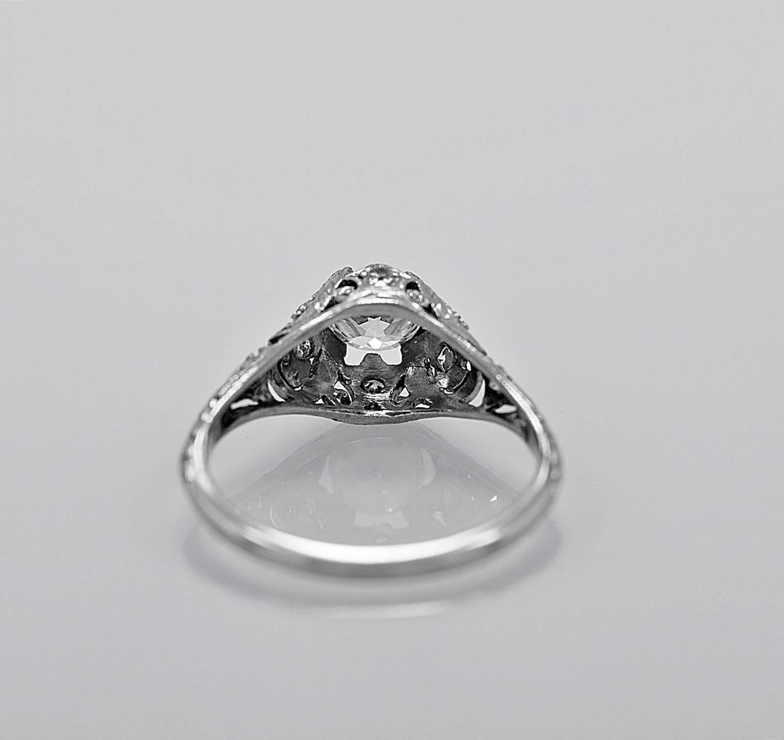Old European Cut Art Deco .63 Carat Diamond Platinum Engagement Ring For Sale