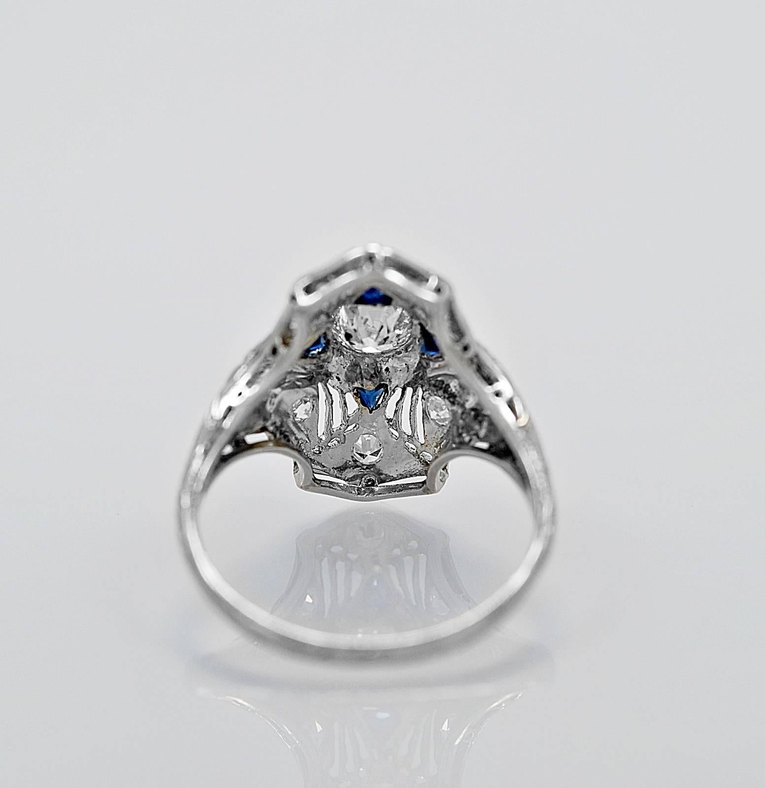 Old European Cut Art Deco .40 Carat Diamond Sapphire Platinum Engagement Ring
