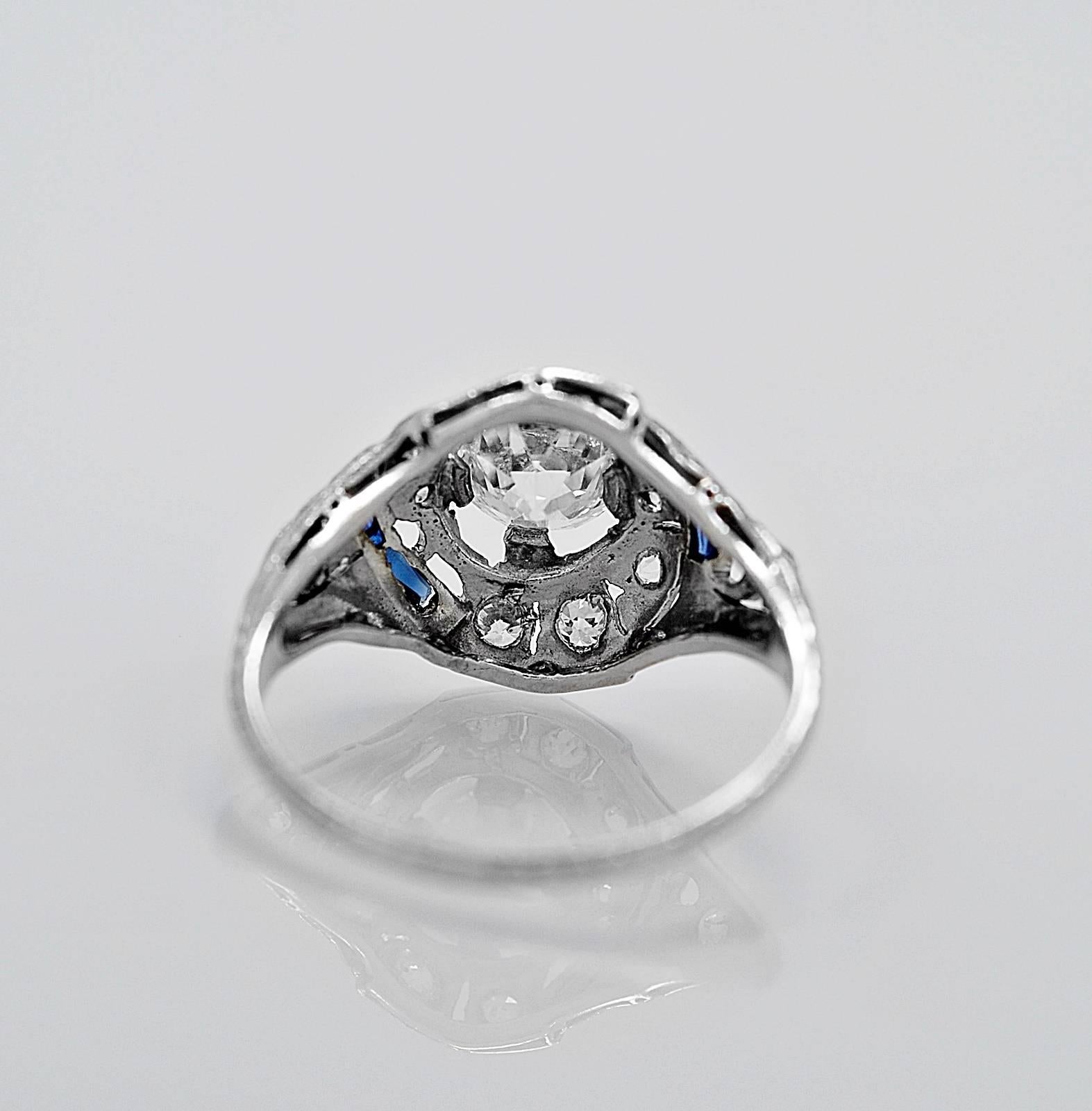 Old European Cut Art Deco .82 Carat Diamond Platinum Engagement Ring  For Sale