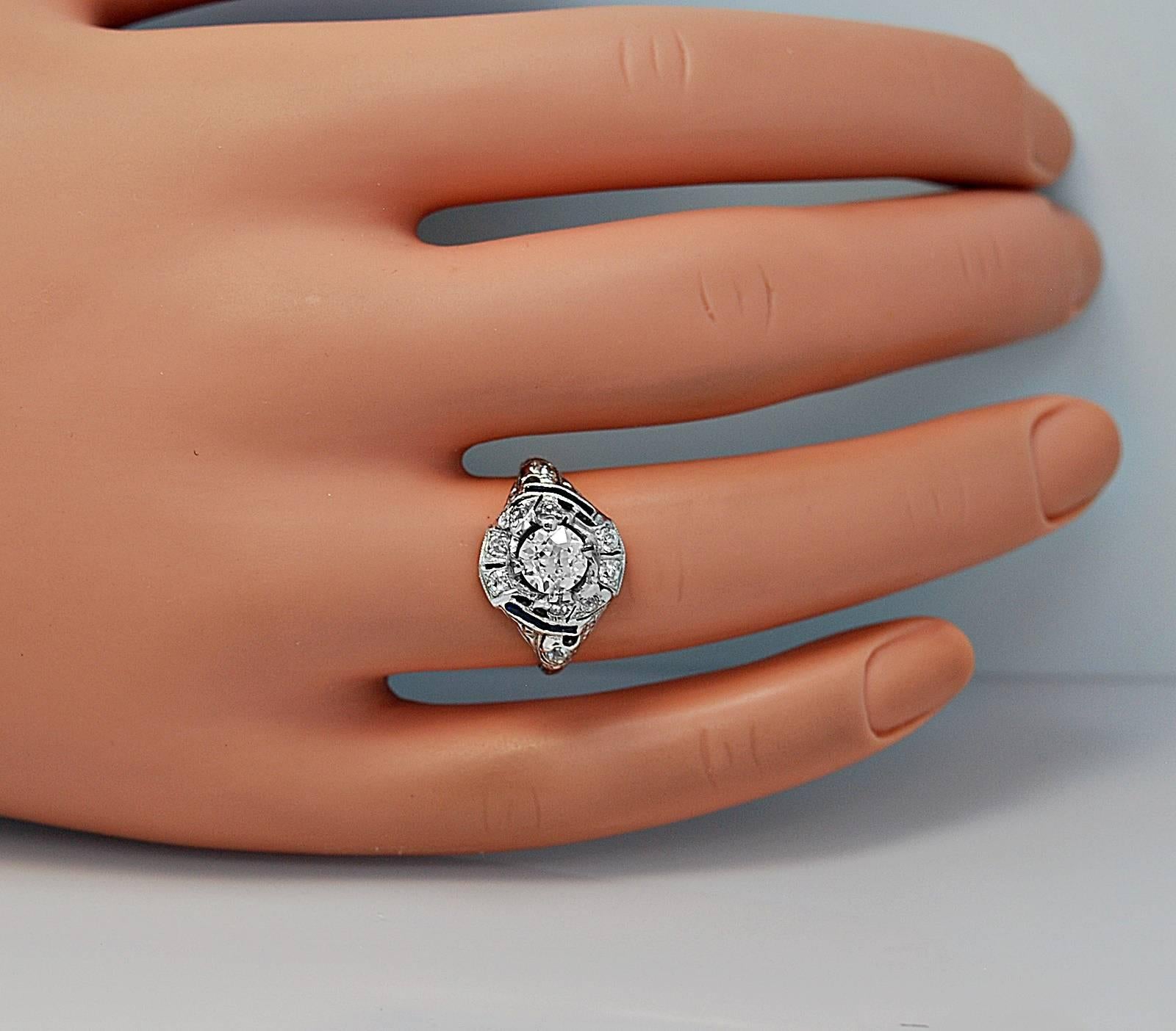 Art Deco .82 Carat Diamond Platinum Engagement Ring  In Excellent Condition For Sale In Tampa, FL