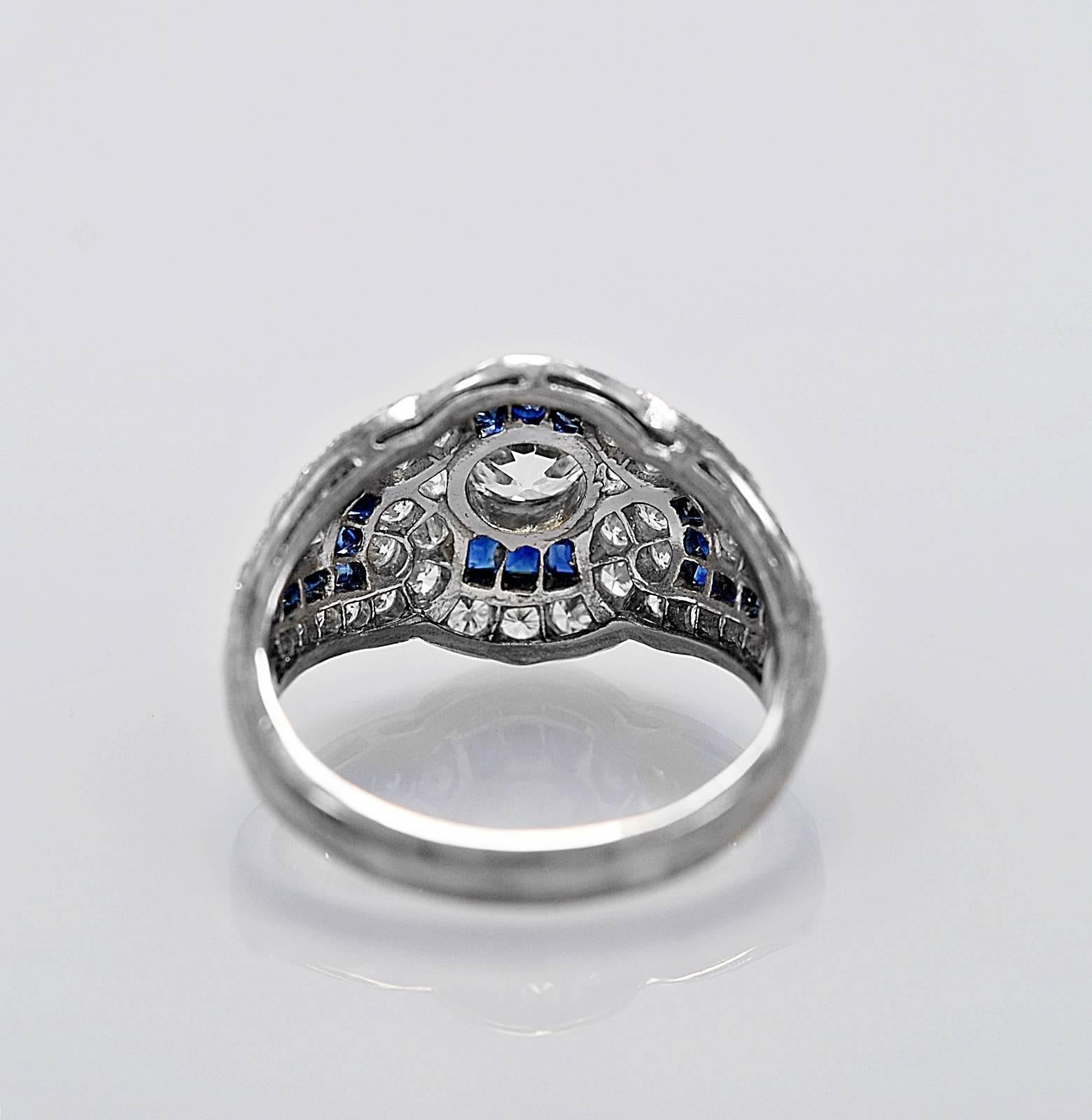 Art Deco .70 Carat Diamond Sapphire White Gold Engagement Ring