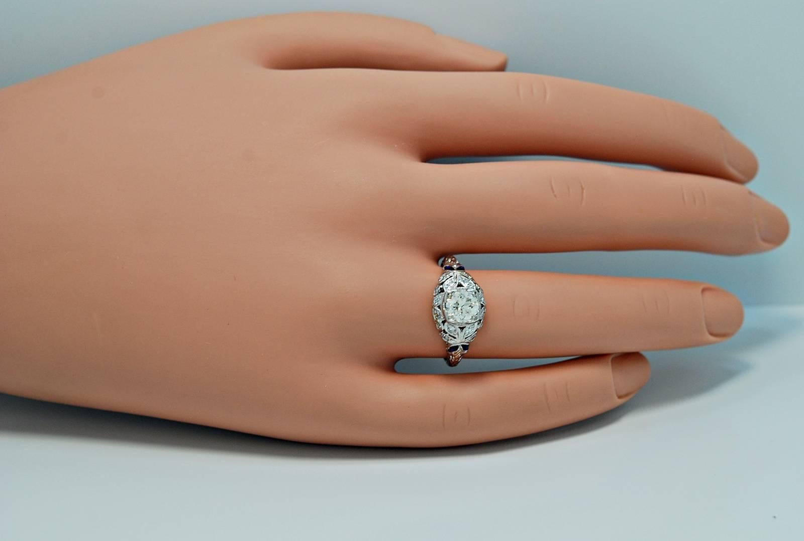 Antique Art Deco Vivid .83 Carat Diamond Sapphire Platinum Engagement Ring 1