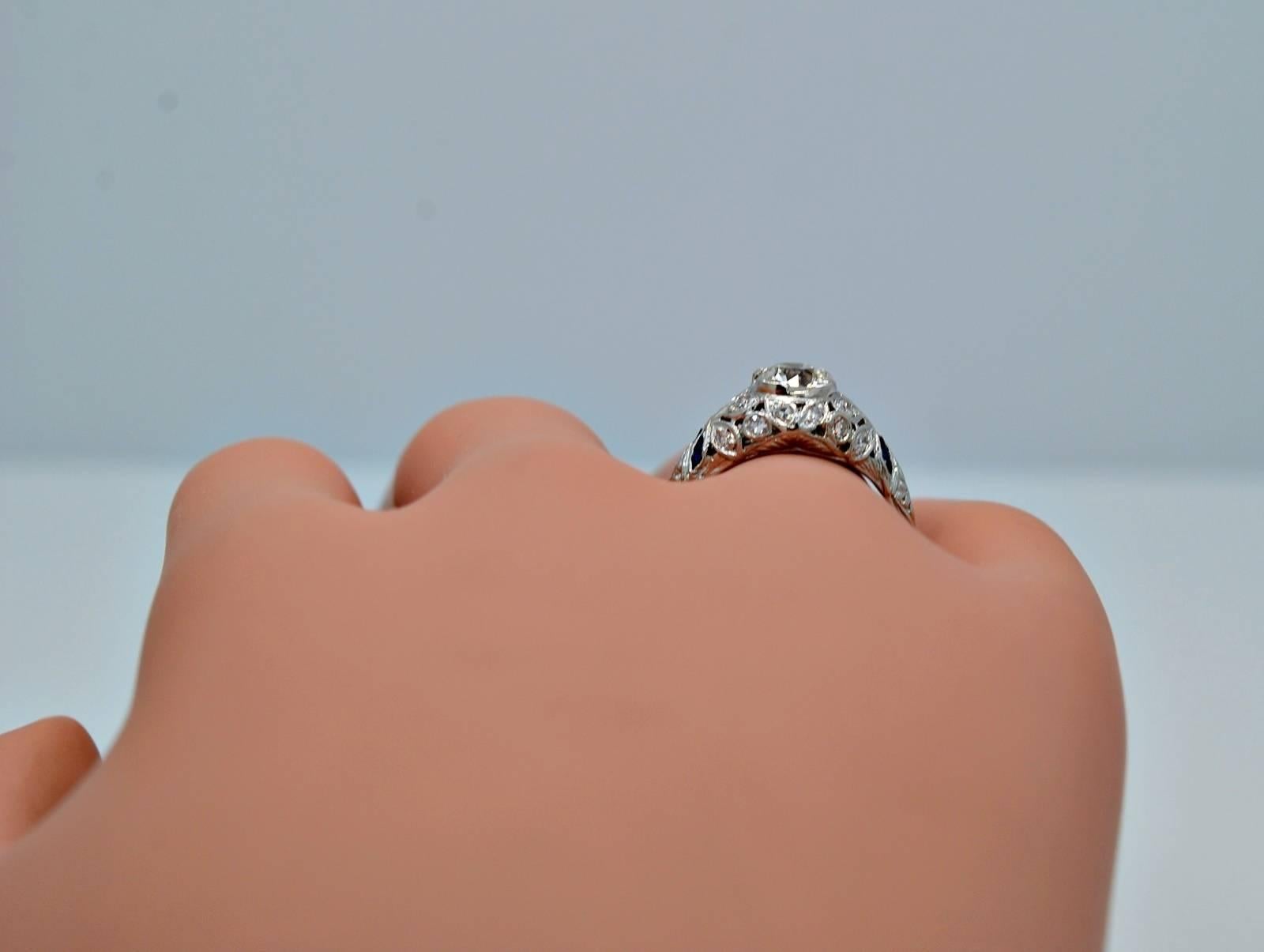 Antique Art Deco Vivid .83 Carat Diamond Sapphire Platinum Engagement Ring 3