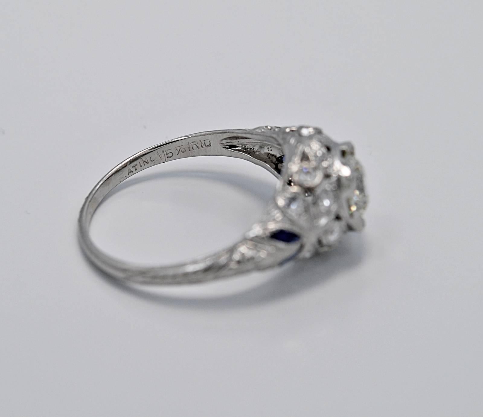 Women's Antique Art Deco Vivid .83 Carat Diamond Sapphire Platinum Engagement Ring