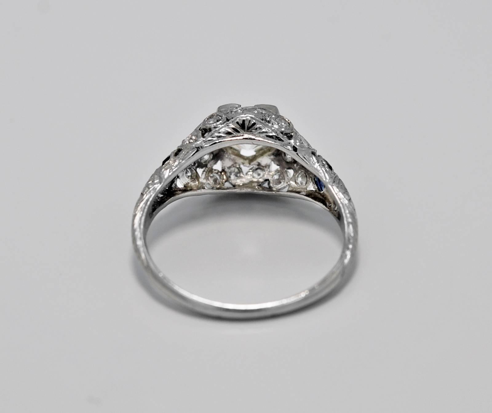 Antique Art Deco Vivid .83 Carat Diamond Sapphire Platinum Engagement Ring In Excellent Condition In Tampa, FL