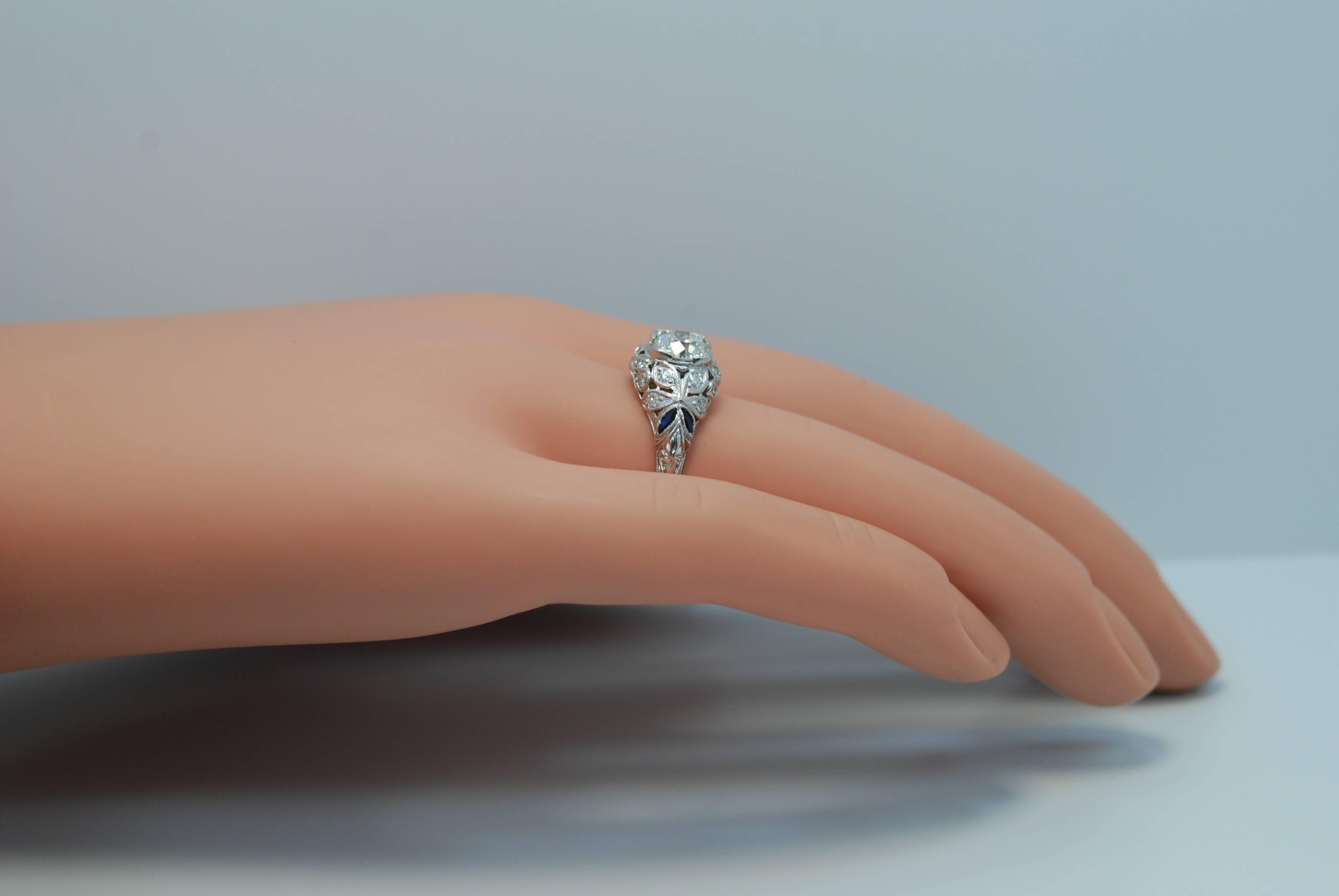 Antique Art Deco Vivid .83 Carat Diamond Sapphire Platinum Engagement Ring 2