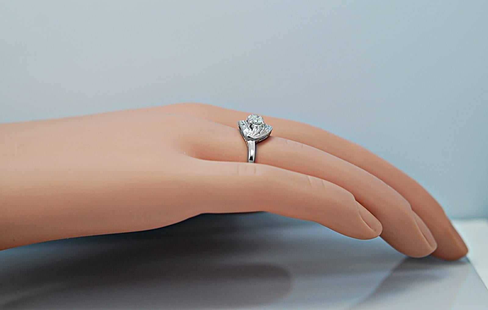 Art Deco .78 Carat Diamond White Gold Engagement Ring For Sale