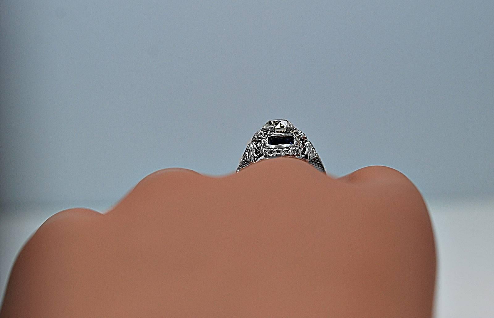 1920s Art Deco .95 carat Diamond Sapphire Gold Engagement Ring For Sale 1
