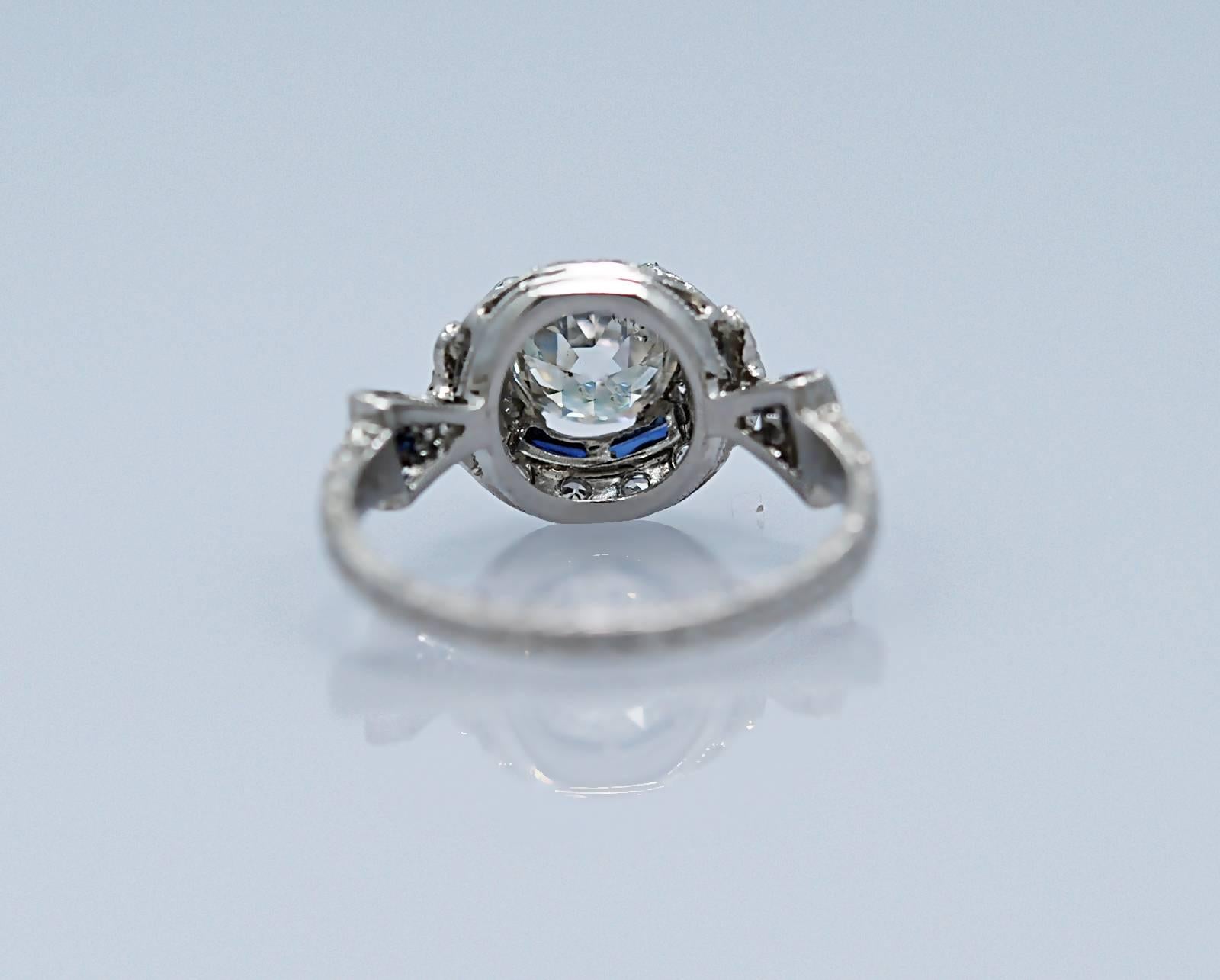 Art Deco 1.10 Carat Diamond Sapphire Engagement Ring Platinum In Excellent Condition In Tampa, FL