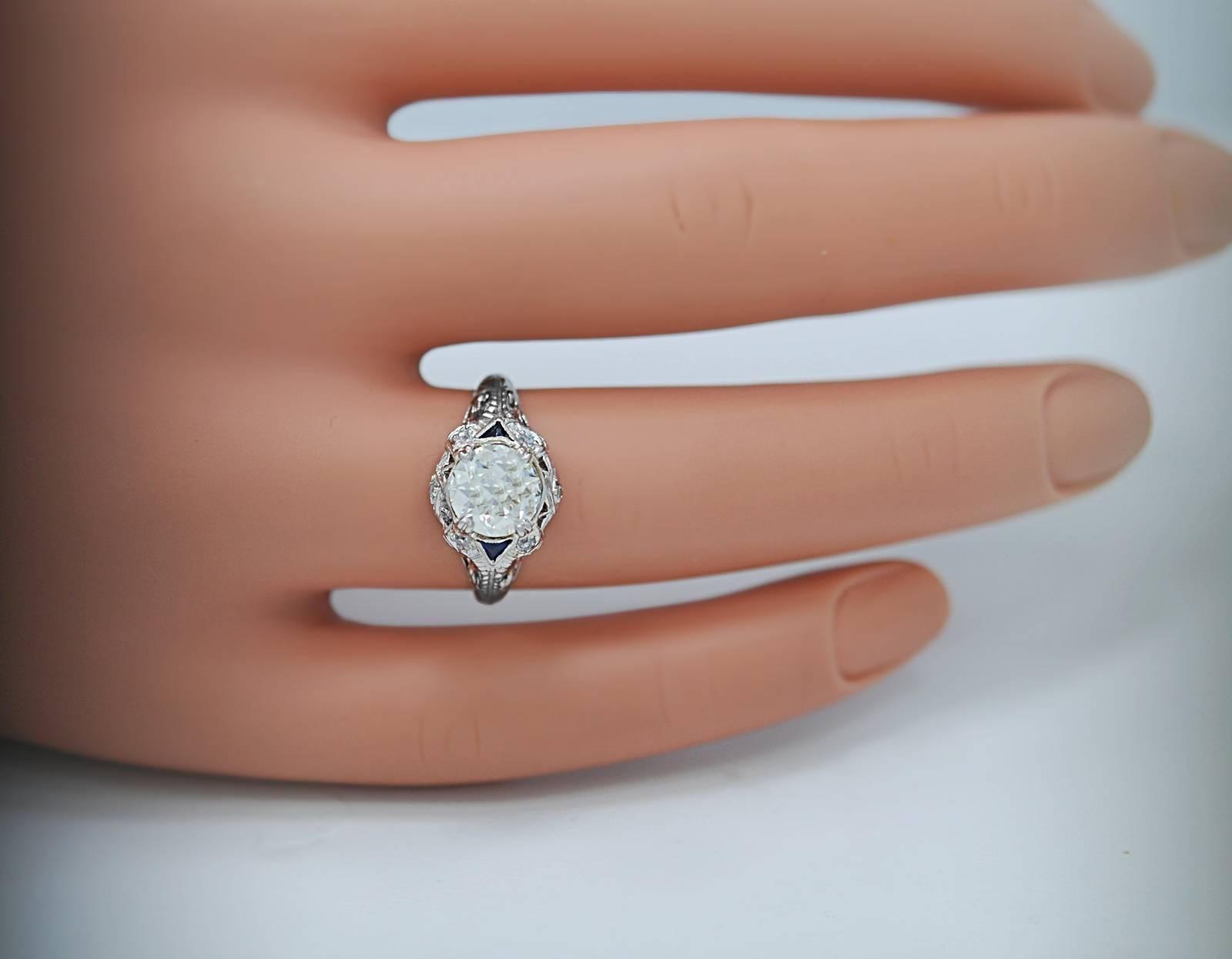 Antique 1.33 Carat Diamond Sapphire Platinum Engagement Ring In Excellent Condition In Tampa, FL