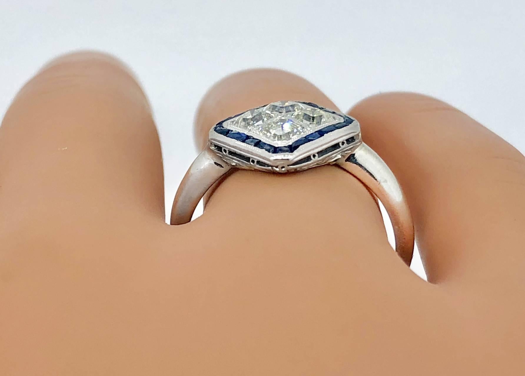 1.20 Carat Diamond .65 Carat Sapphire Antique Engagement In Excellent Condition For Sale In Tampa, FL