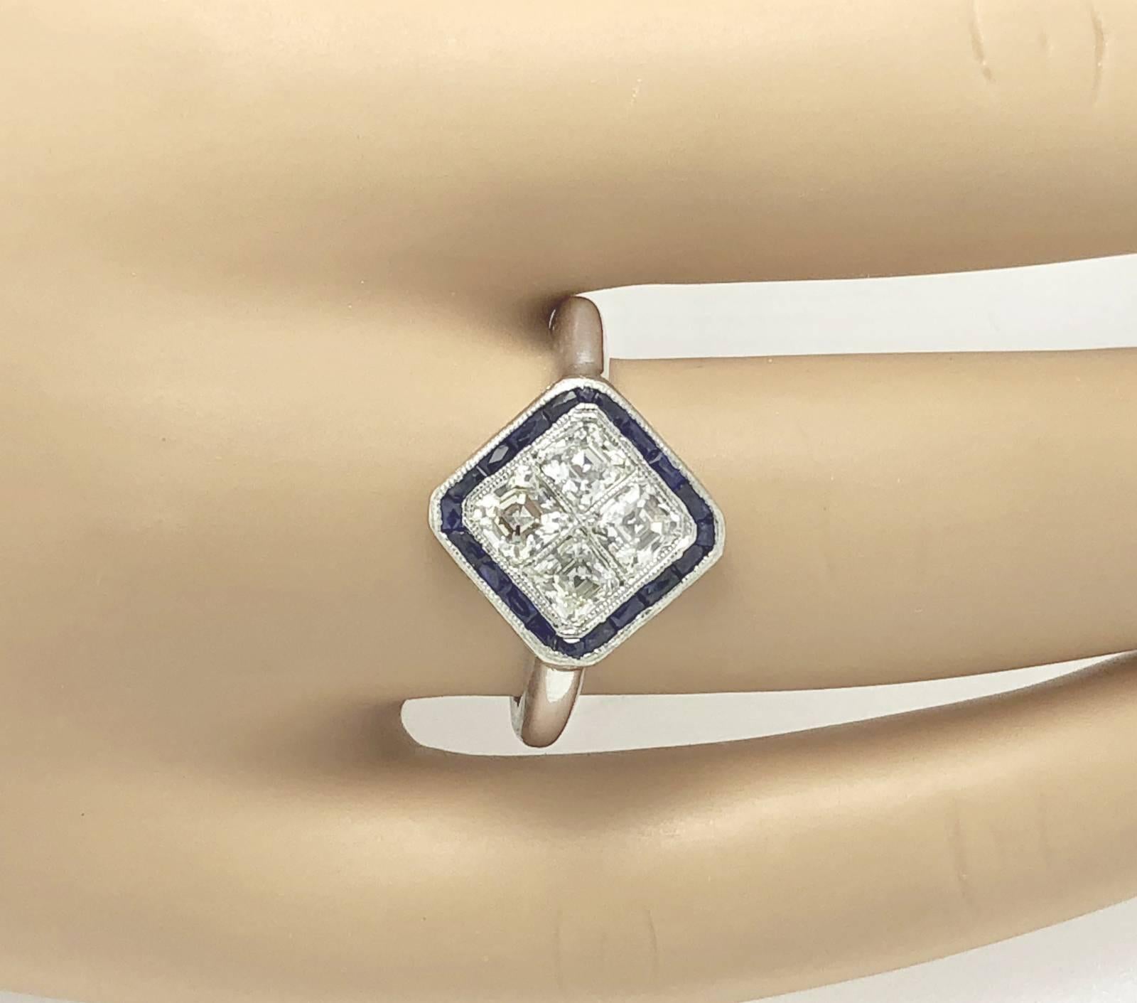 Asscher Cut 1.20 Carat Diamond .65 Carat Sapphire Antique Engagement For Sale