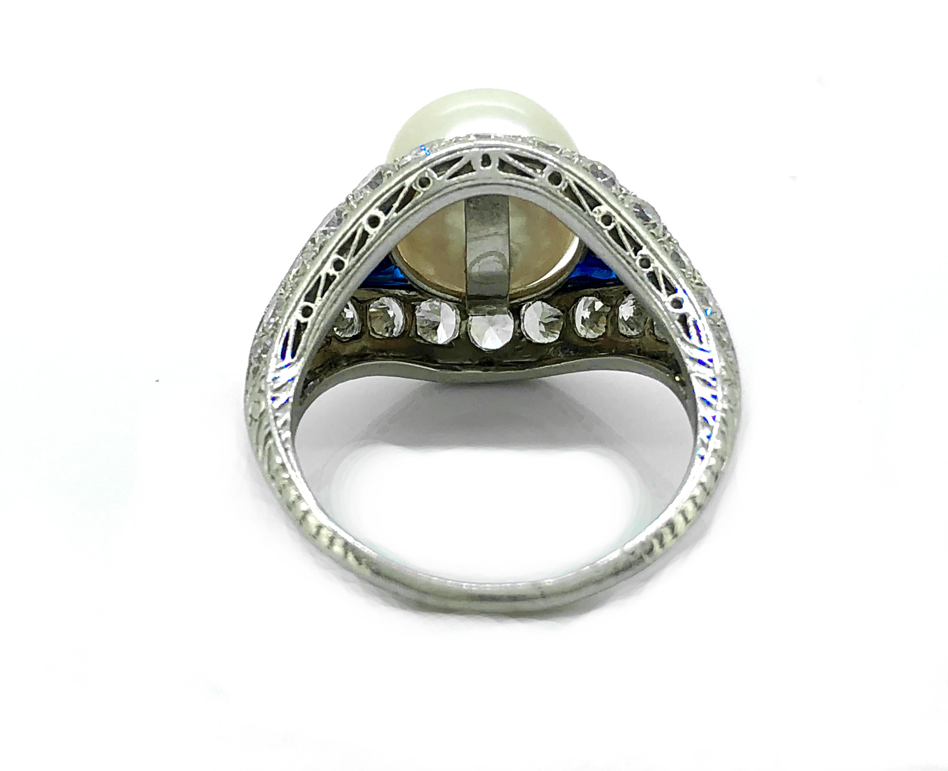 Art Deco Akoya Pearl, Diamond and Sapphire Antique Platinum Ring In Excellent Condition In Tampa, FL