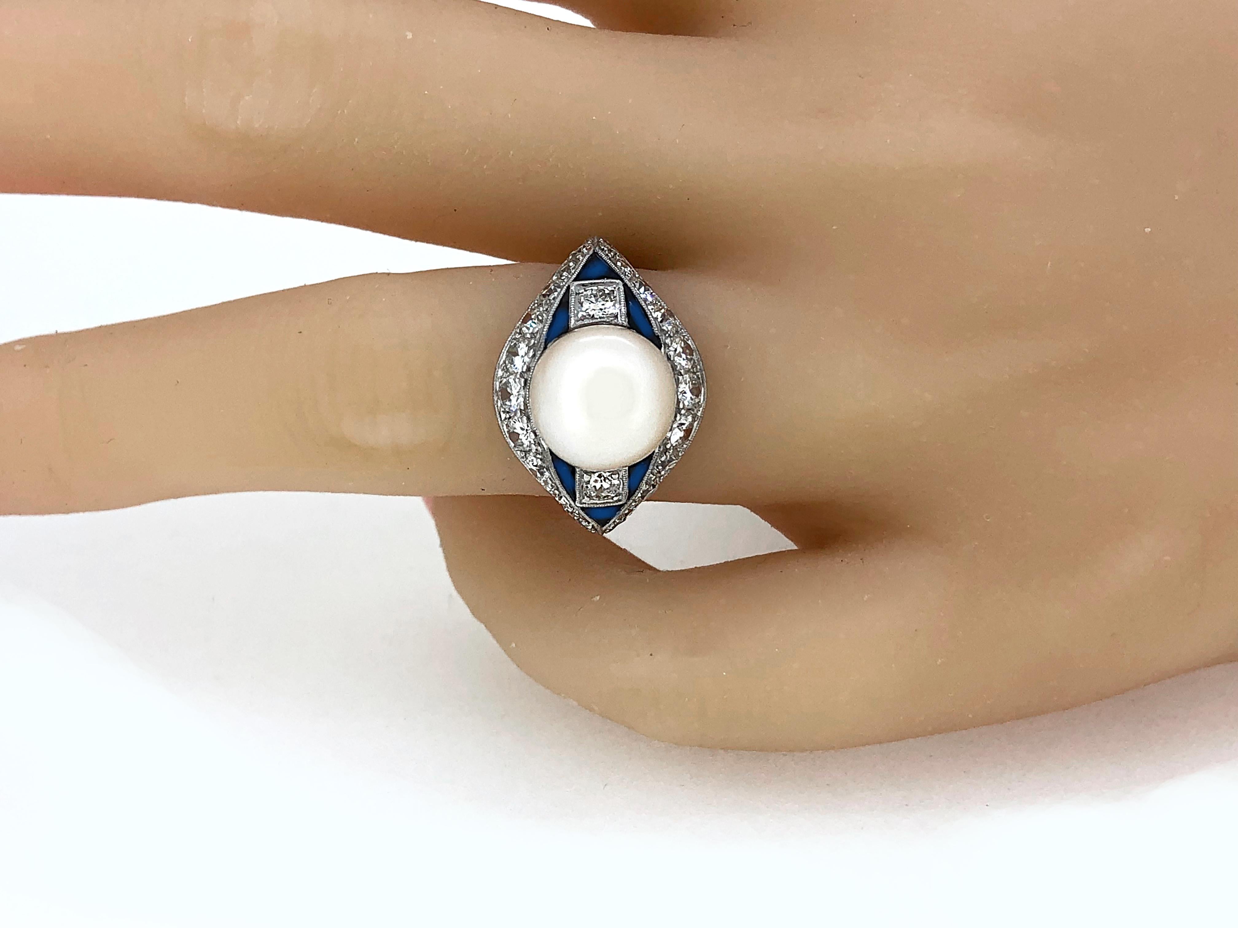 Women's Art Deco Akoya Pearl, Diamond and Sapphire Antique Platinum Ring