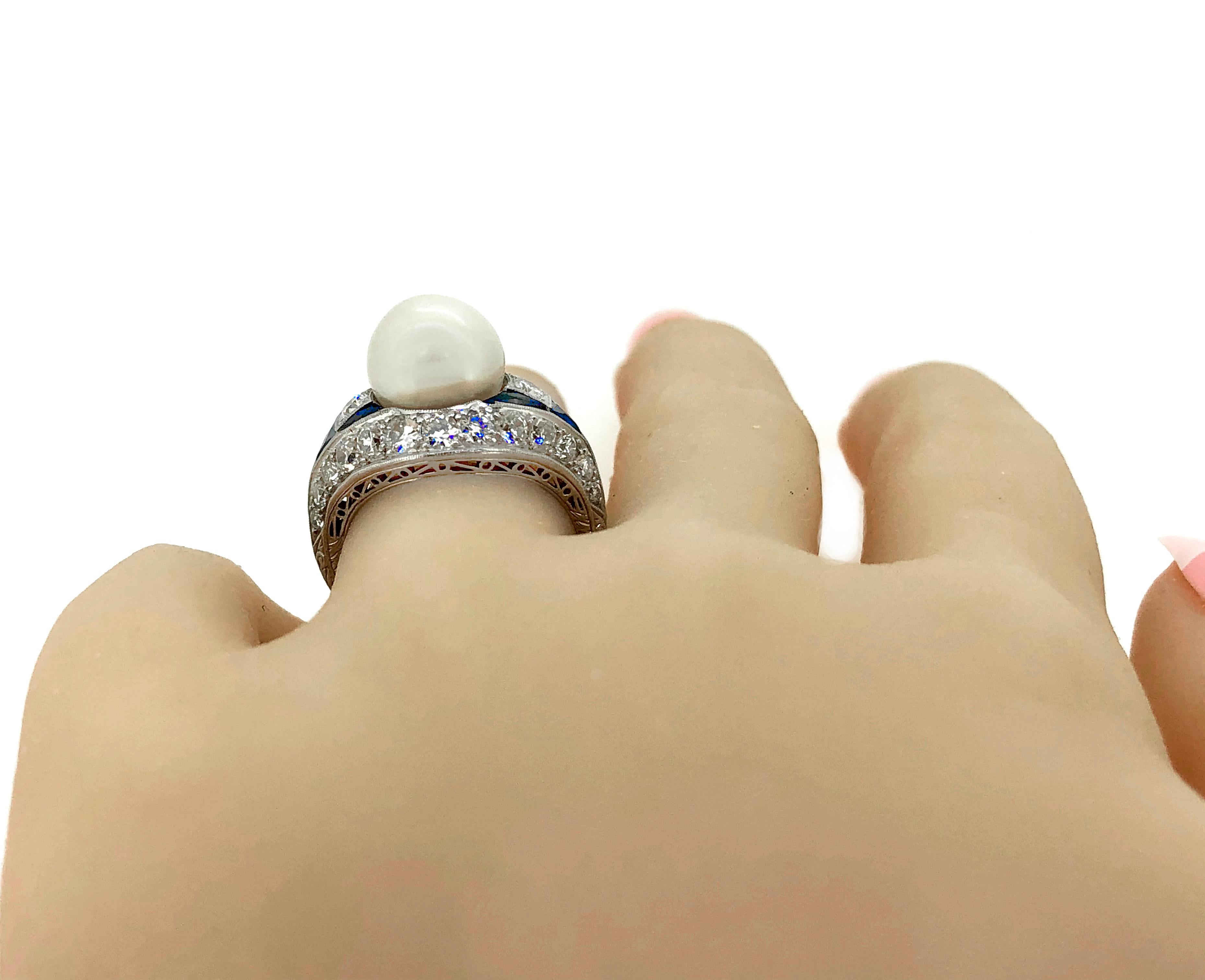 Art Deco Akoya Pearl, Diamond and Sapphire Antique Platinum Ring 1
