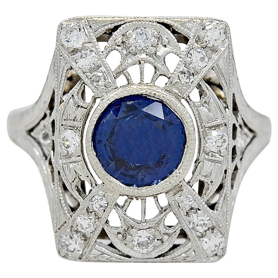 Magnificent 1920's 1.30ct. Diamond Sapphire Platinum Ring