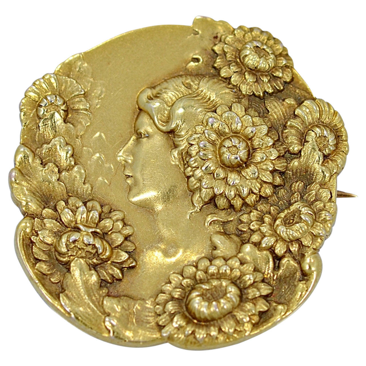 Art Nouveau Profile Of Lady With Flowers Gold Brooch/Pin at 1stDibs