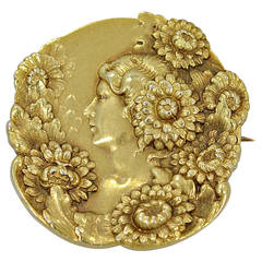 Art Nouveau Profile Of Lady With Flowers Gold Brooch/Pin