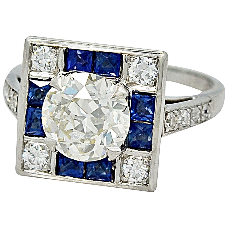 Mesmerizing Art Deco 1.65ct. Diamond & Sapphire Engagement Ring E.G.L.
