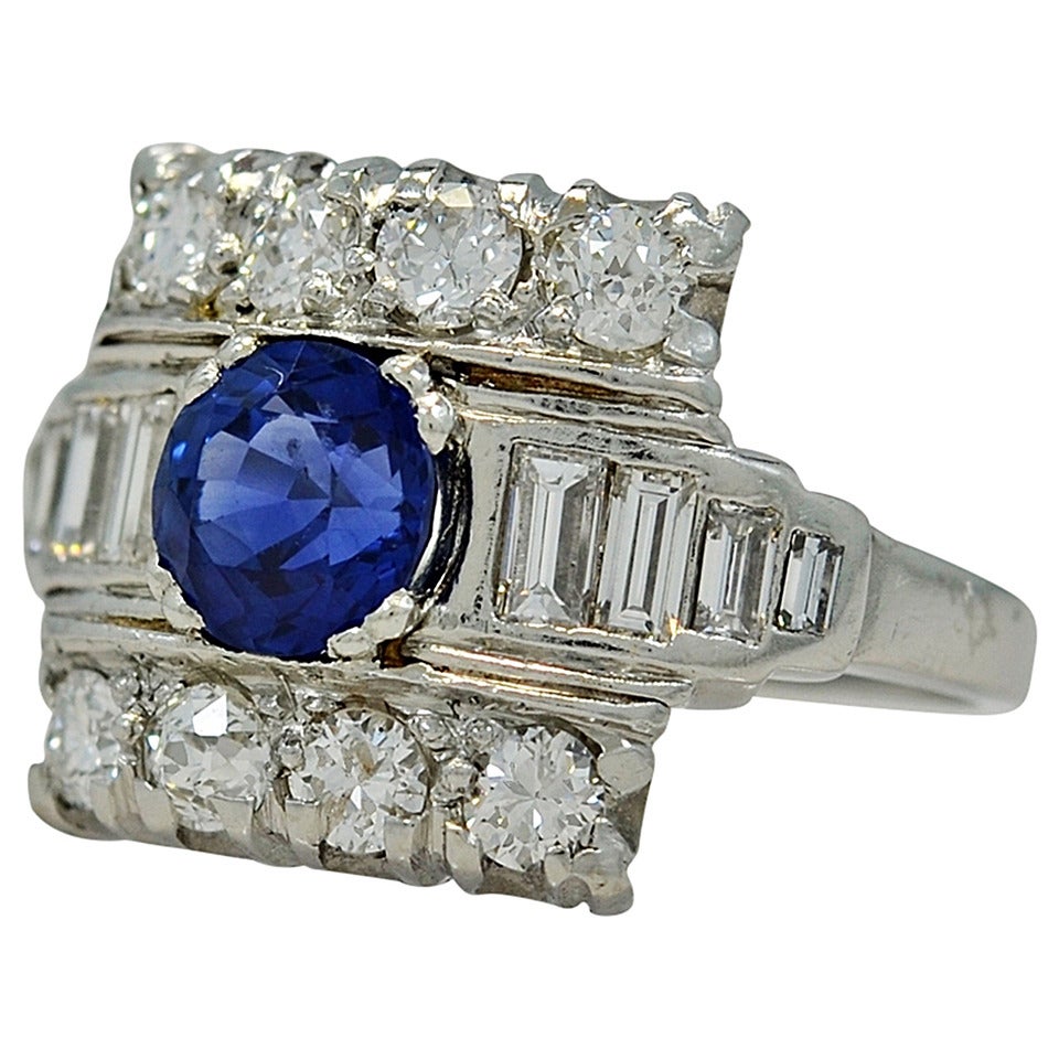 Sparkly Art Deco Platinum 1.38ct. Sapphire, Diamond Engagement Ring