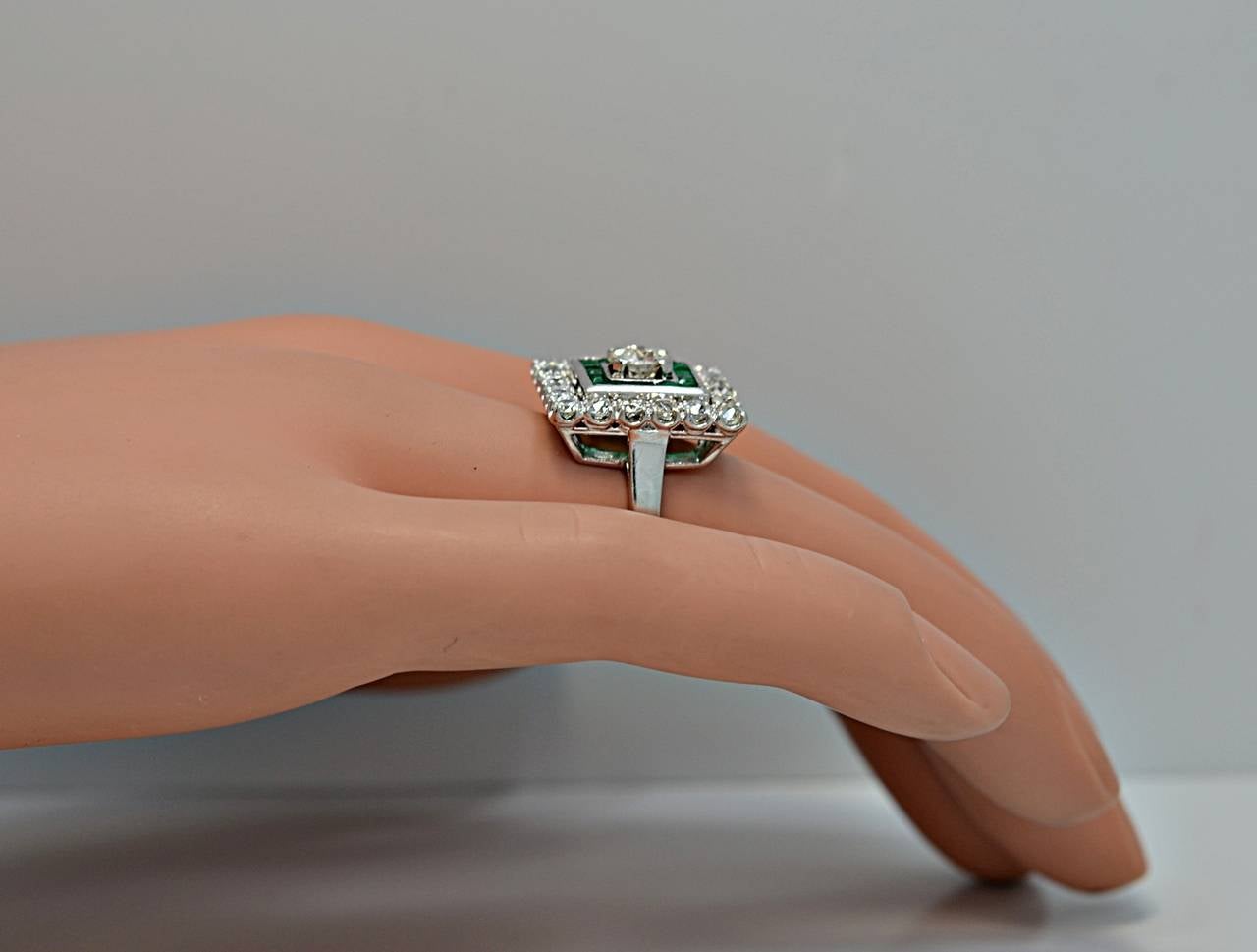 Jabel Elegant Art Deco Emerald Diamond Platinum Engagement Ring 2