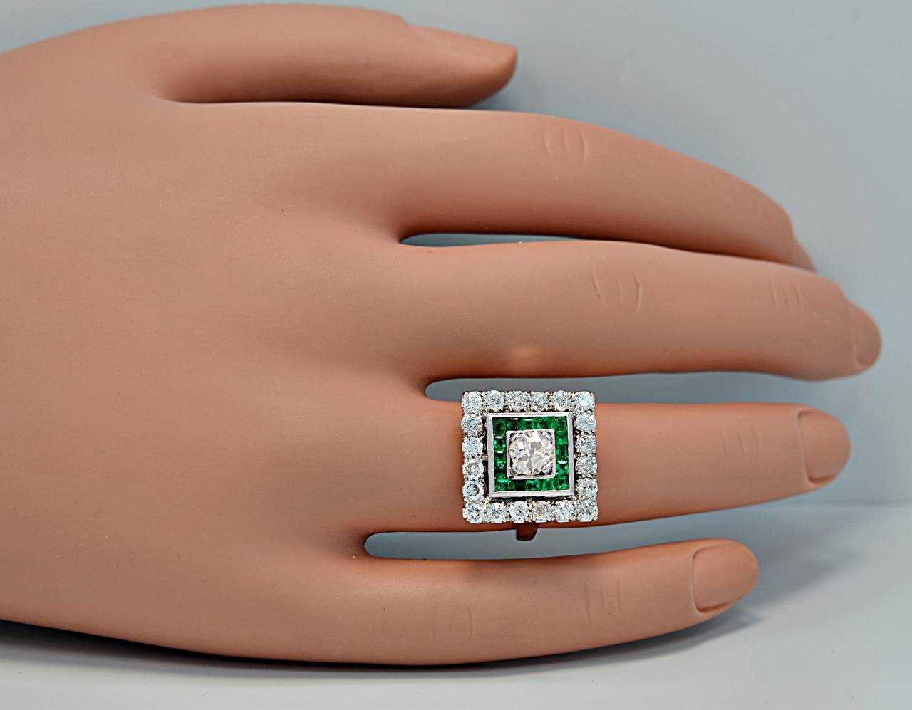 Jabel Elegant Art Deco Emerald Diamond Platinum Engagement Ring 1