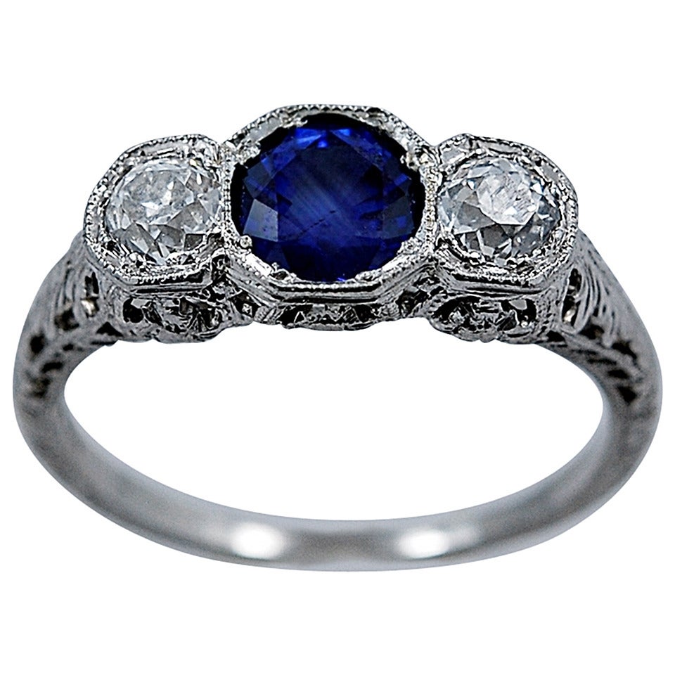 Delightful Art Deco  Natural Sapphire  Diamond Engagement Ring