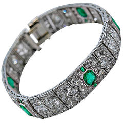 Extremely Fine Art Deco Emerald Diamond Platinum Link Bracelet