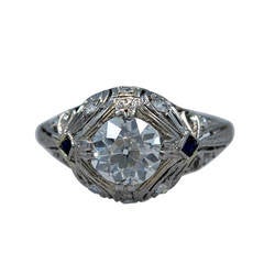Art Deco 1.12 Carat Diamond Sapphire Platinum Engagement Ring 1