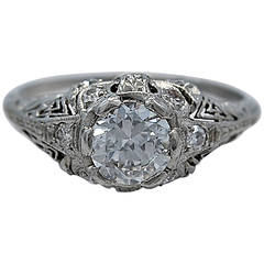 Artfully Finished Art Deco .87 Carat Diamond Platinum Engagement Ring