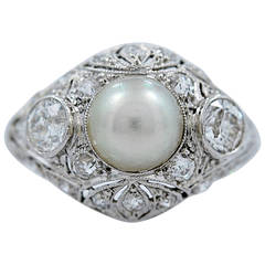 Unique Edwardian Pearl Diamond Platinum Engagement Ring