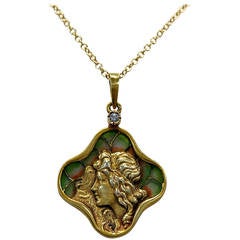Sensational Art Nouveau Plique-à-jour Diamond Gold Necklace