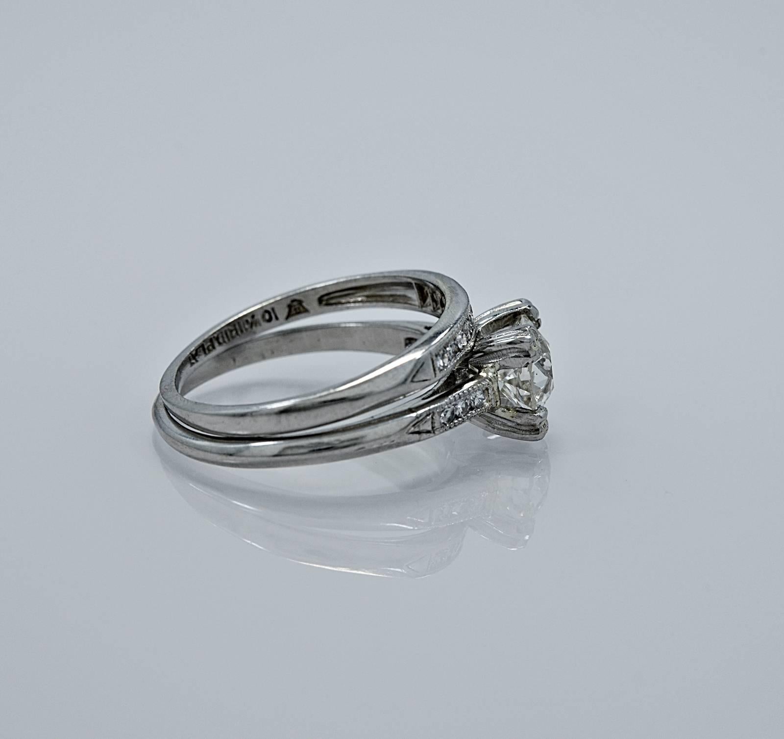 Art Deco .85 Carat Diamond Platinum Engagement Ring Wedding Set In Excellent Condition In Tampa, FL