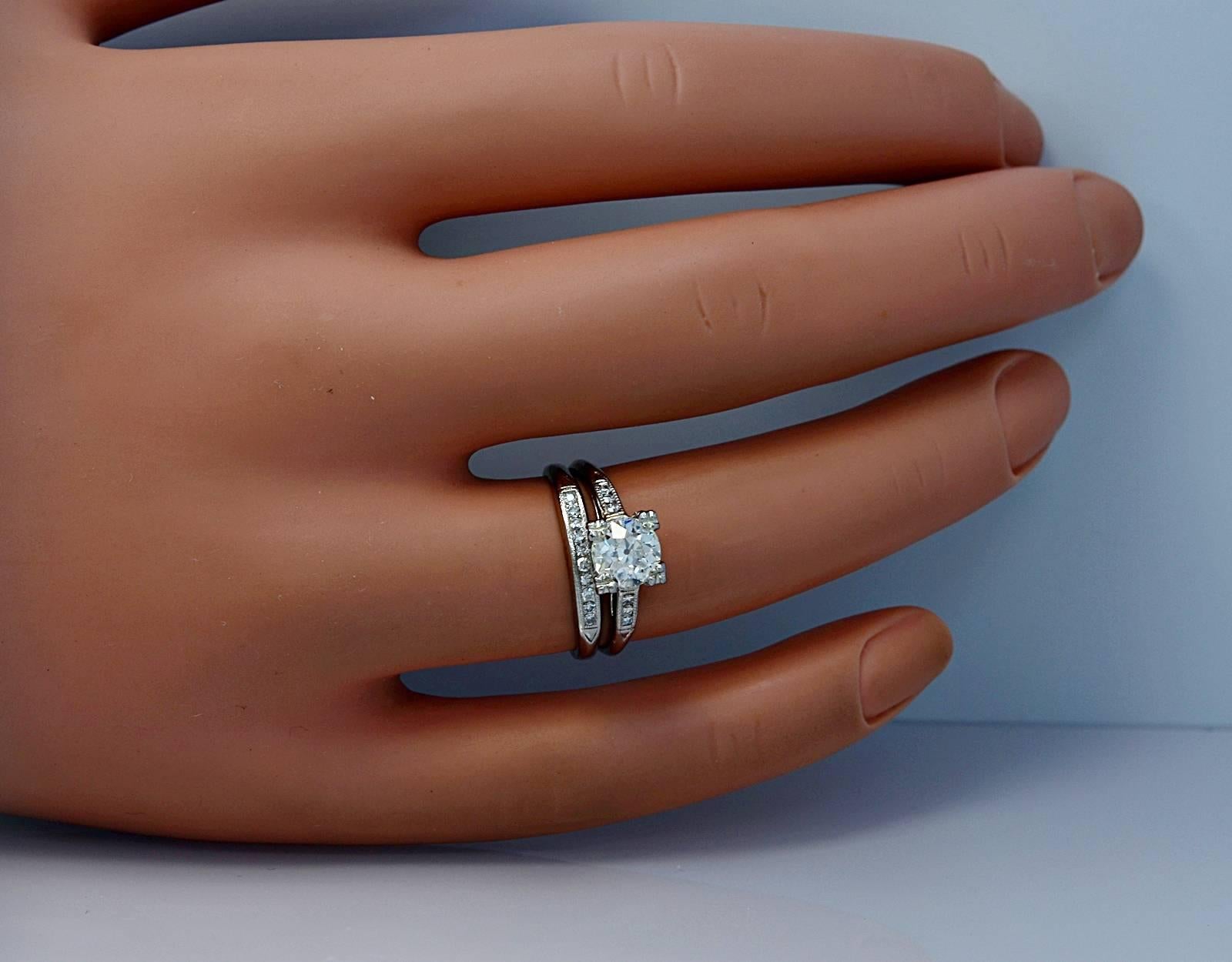 Art Deco .85 Carat Diamond Platinum Engagement Ring Wedding Set 1