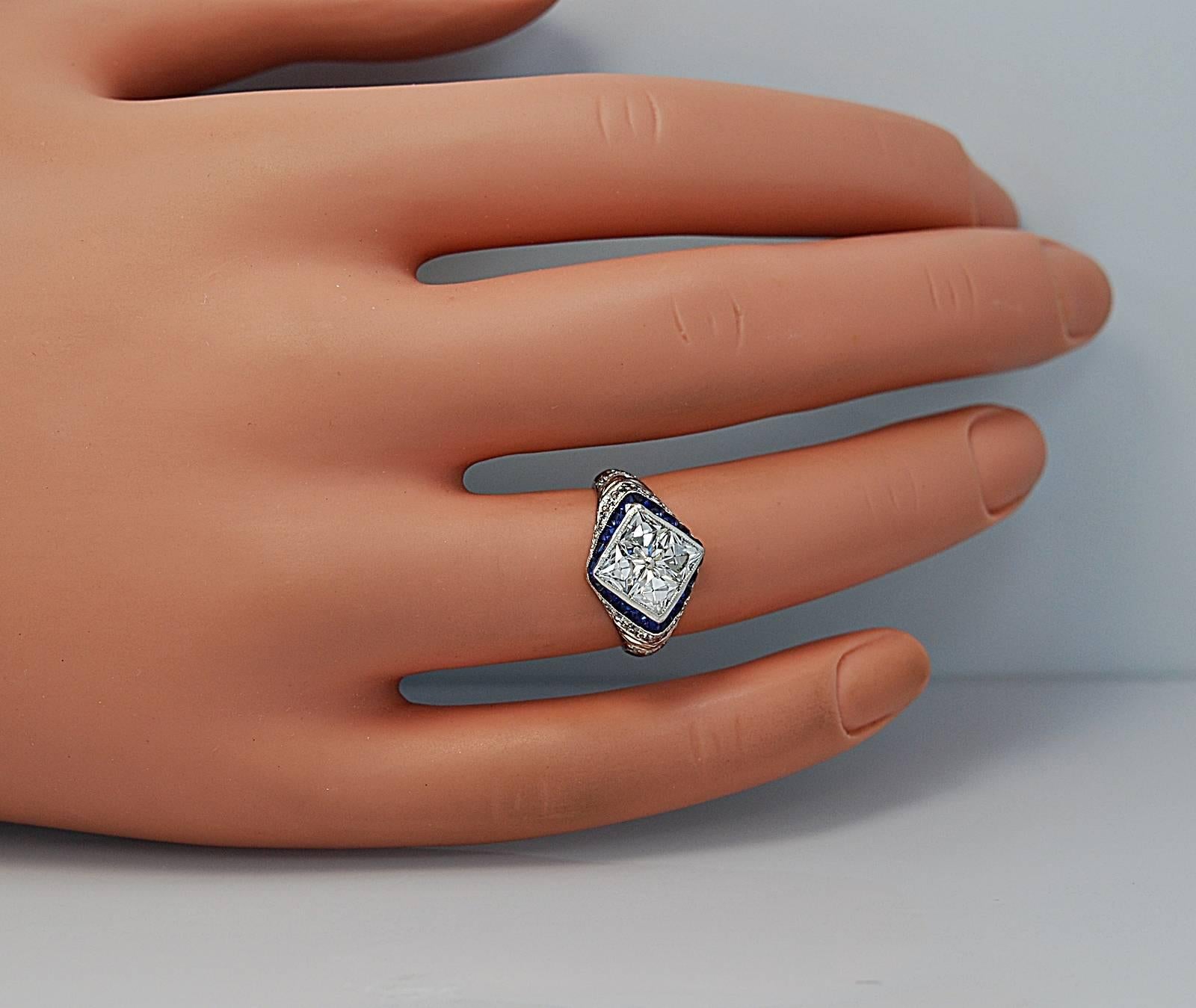 Women's Art Deco Sapphire Diamond Platinum Engagement Fashion Ring