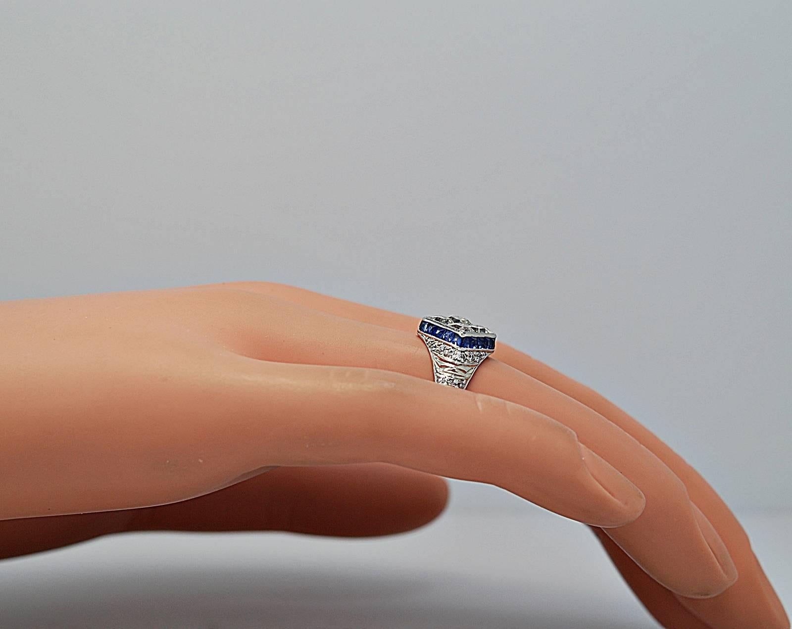 Art Deco Sapphire Diamond Platinum Engagement Fashion Ring 1